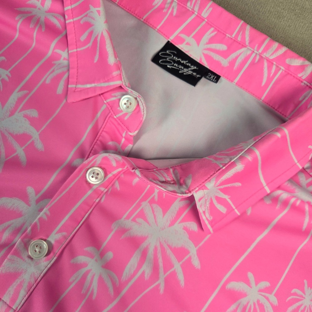 Sunday Swagger Mens 2XL Pink Palm Tree Performance Golf Polo Shirt Performance